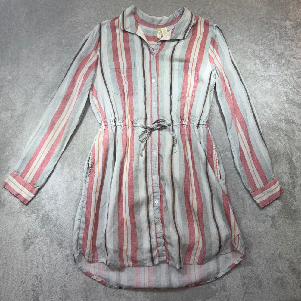 Striped Button Down Shirt Dress‎ Drawstring Waist Red Blue Orange L